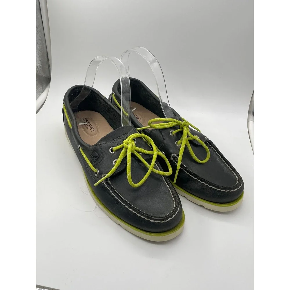 Sperry Top-Sider Mens 8.5M Black Leather Boat Shoes Neon Lime Green 0773028